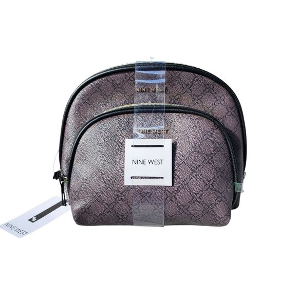 Nine West Two Piece Dome Metallic Faux Leather Travel Cosmetic Bag Set - Picture 1 of 8